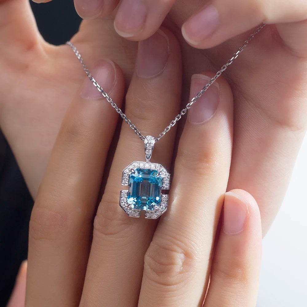 Messi Jewelry MSN-808 Aquamarine Color Lab Sapphire Emerald 8mm*10mm  Gemstone Necklace Pendant 18K White Gold