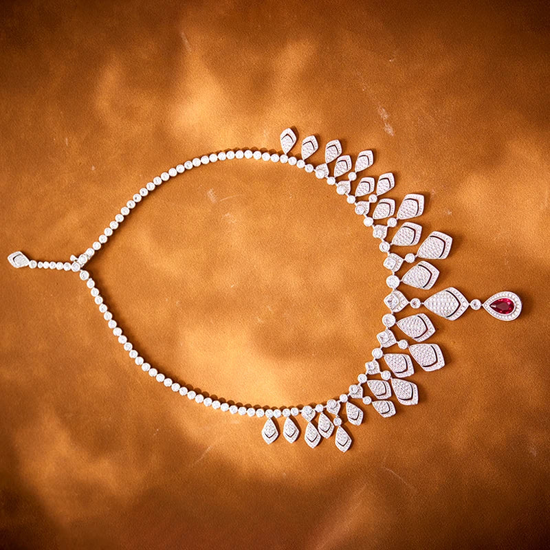 Luxury Jewelry, Banquet, Wedding, Necklace and Earring Set of Brass Gold-plated Colored Zircon Stones