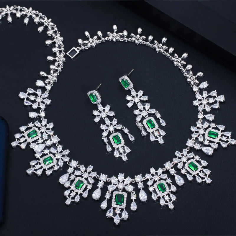 Luxury Green Cubic Zirconia Women Wedding Party Bride Necklace Earrings Jewelry Sets Bridal Dress Accessories