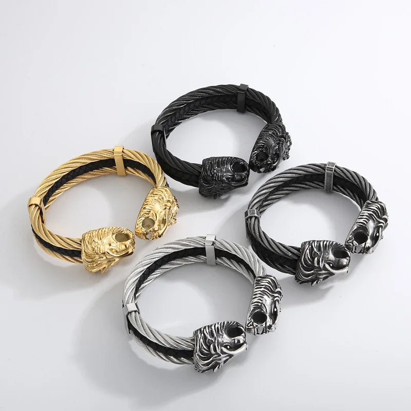 KALEN Punk Silver/Gold/Black/Oxidized Black Stainless Steel Lion Head Cuff Bangle Bracelet