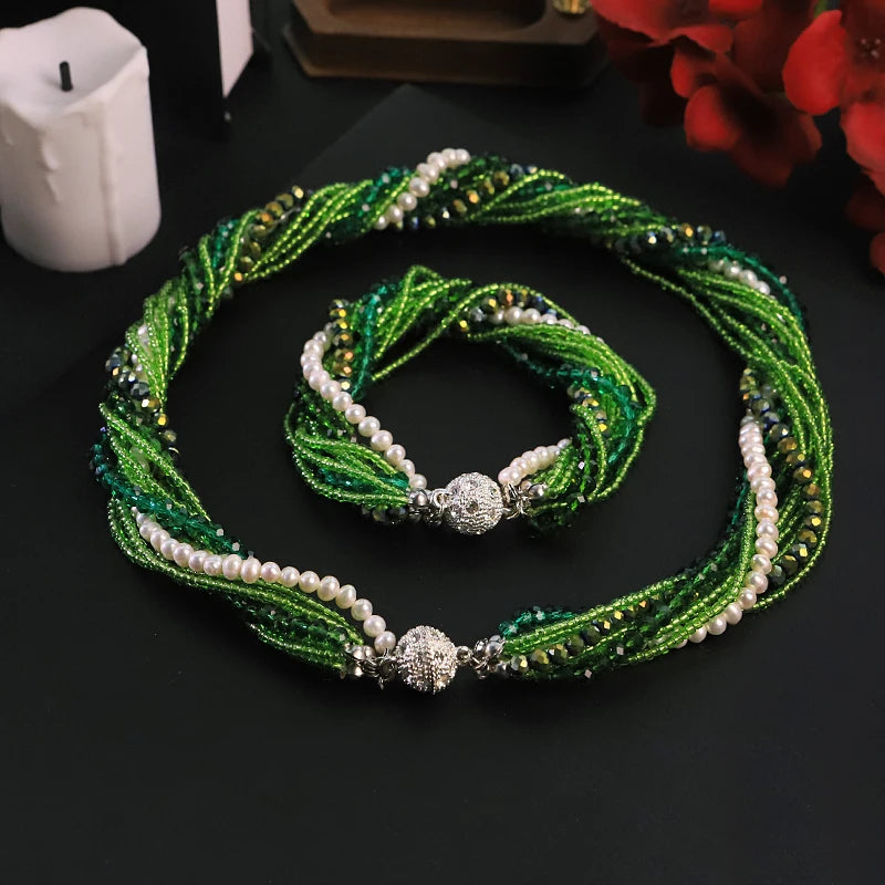 Natural Freshwater Pearl Green Glass Bead Jewelry Set for Women Wedding Banquet Party Dainty Pearl Jewelry Set Luxury Jewelry