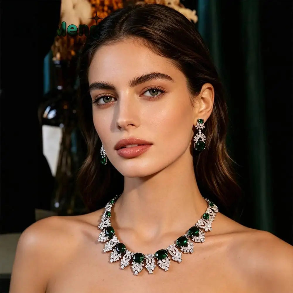 XM S309 Emerald Green & White Zircon Floral Statement Necklace & Drop Earrings Set