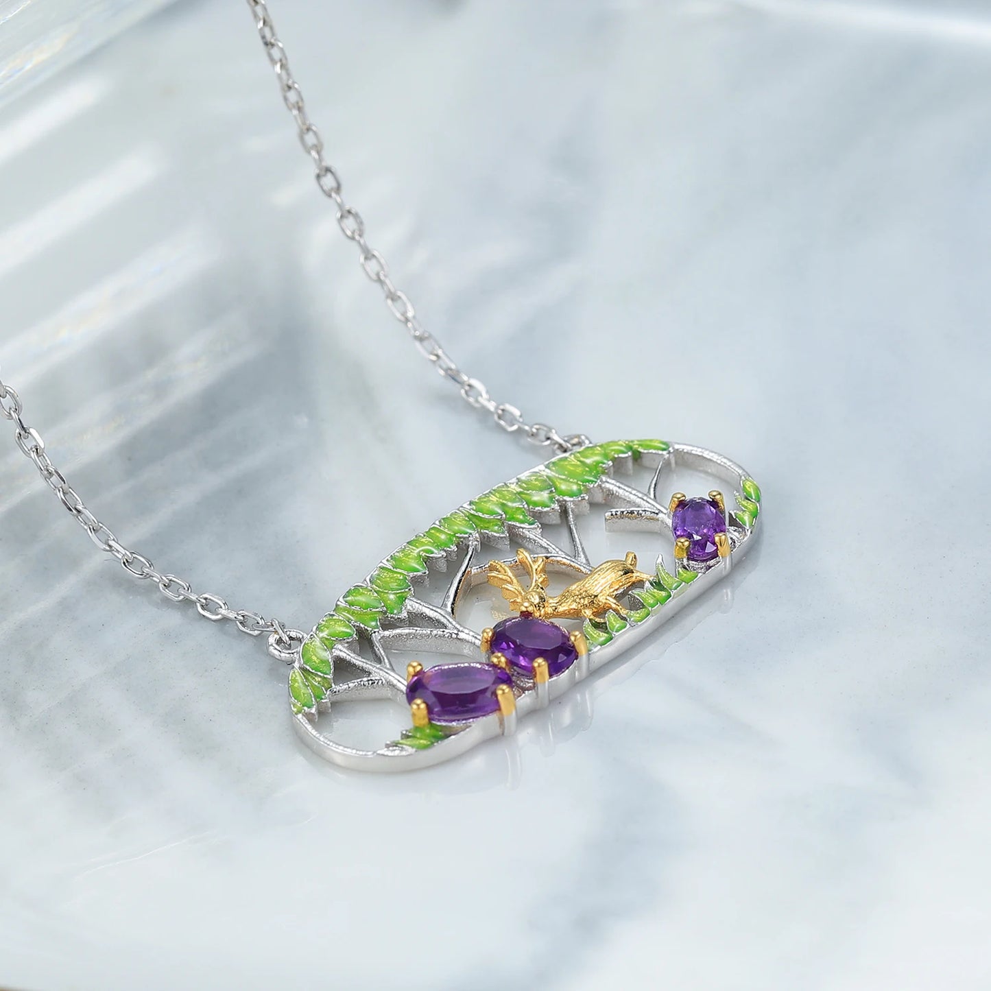 C8186 Abiding Jewelry Fashion Oval Cut 4X6mm Natural Amethyst Deer Ring Wedding Jewelry 925 Sterling Silver Set
