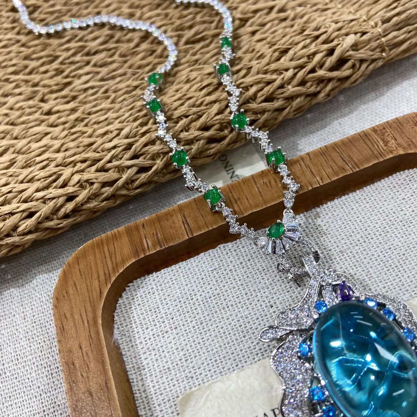 Vintage Blue Aqua Oval Cabochon & Purple Zirconia Pendant Necklace — Rhodium Plated