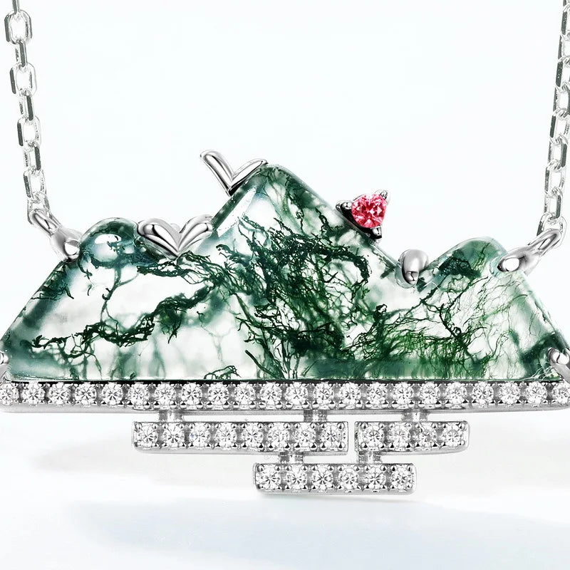 Factory Wholesale Fashion Green Moss Necklace S925 Sterling Silver  Mountain Clavicle Chain for Women