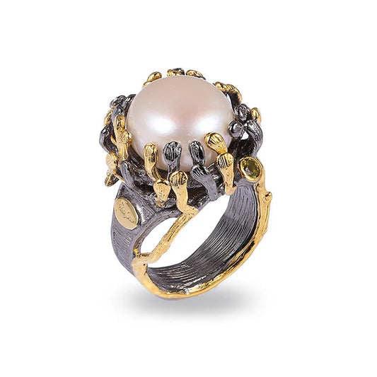 Natural Button Pearl Ring Design 2-tone Plating Silver Ring Jewelry