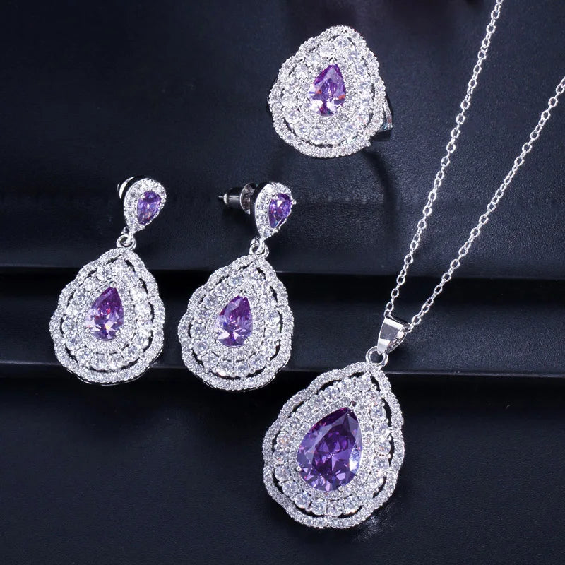3 Layers Cubic Zircon Paved Purple Big Water Drop Silver Color Women Wedding Engagement Jewelry Set of Earrings Necklace Ring