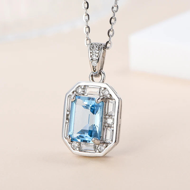 Gioiellieri Fine Jewelry 925 Silver Rhodium Plated Emerald Cut Natural Topaz Pendant Necklace Claw Setting CMA Certified for Women
