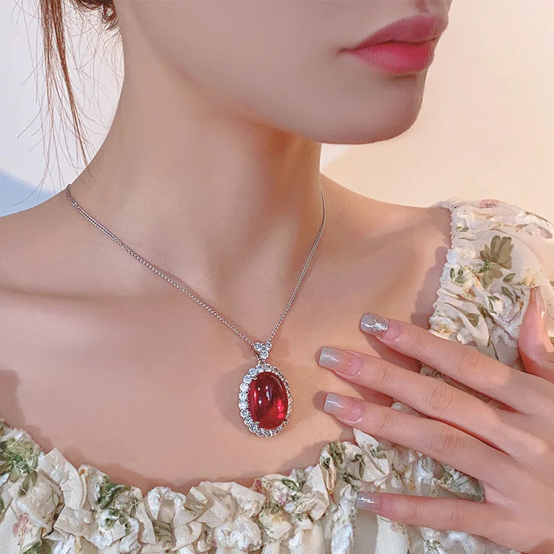 REDheart Fashion Brass Zircon Flower Shape Pendant Simulation Red Corundum Green Chalcedony Surface Light Luxury Rhodium/Gold Jewelry Set