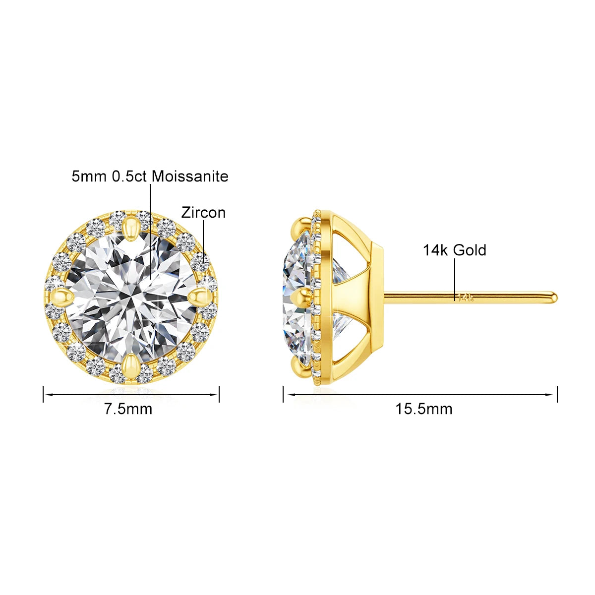 Gioiellieri Fine Jewelry Woman Engagement Friendship Gift 0.5ct 1ct Moissanite Hollow 14K Gold Classic Halo Stud Earrings