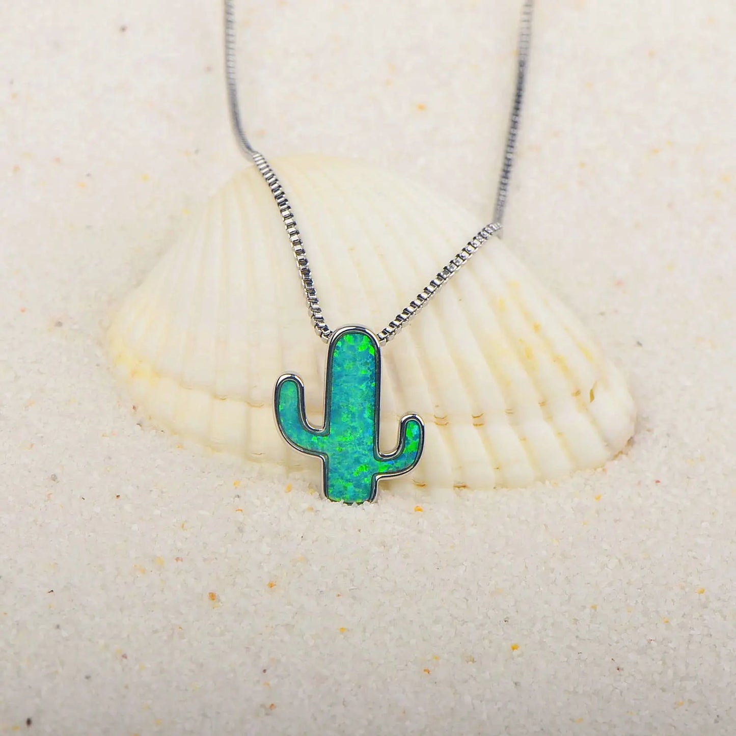 Vintage Aobao Silver Plated Box Chain Opal Inlaid Cactus Design Party Diamond Pendant Necklace