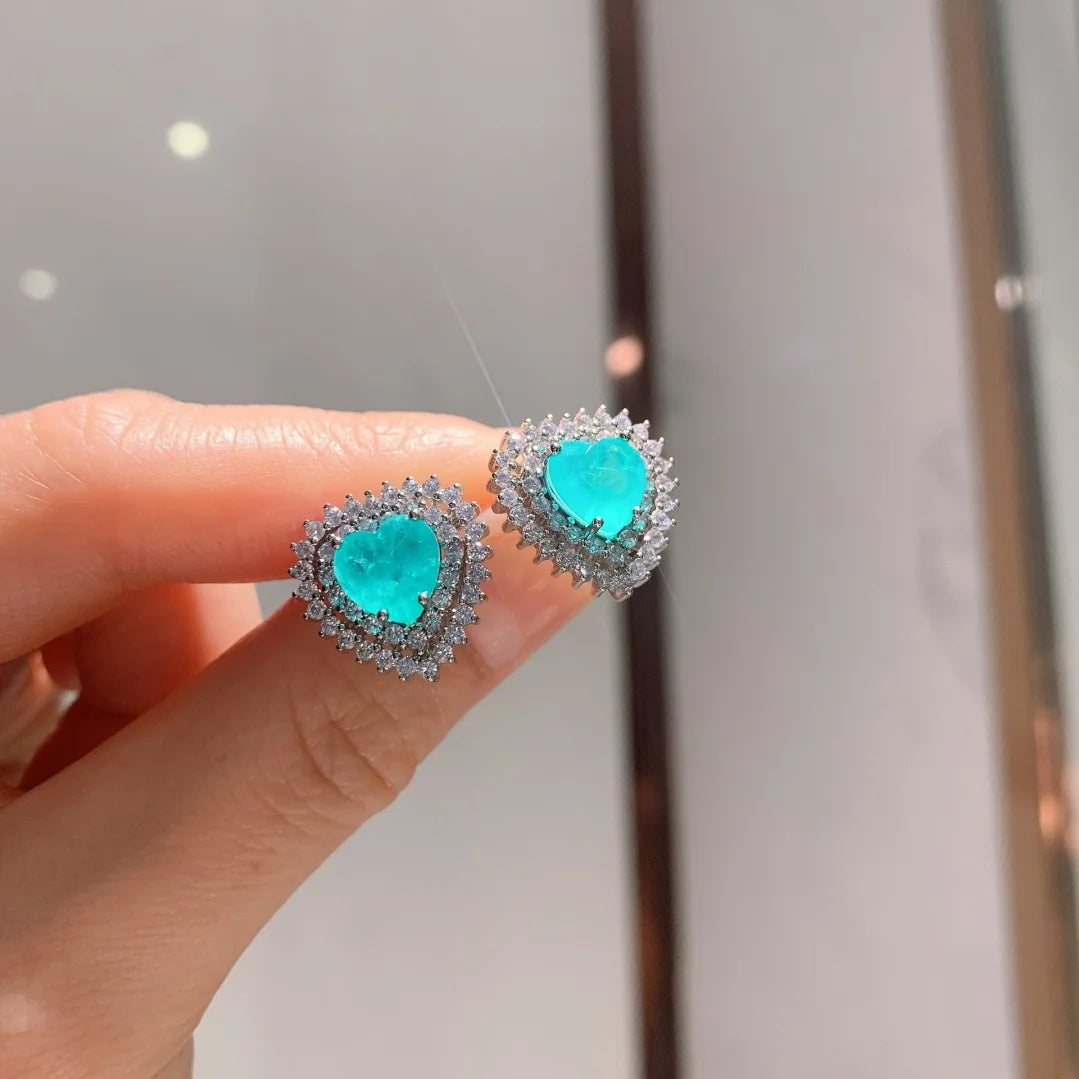 Fashion Eco-friendly Copper Heart Jewelry Set Imitation Paraiba Gemstone 8MM 10MM Earring Necklace Women Daily Party Wedding