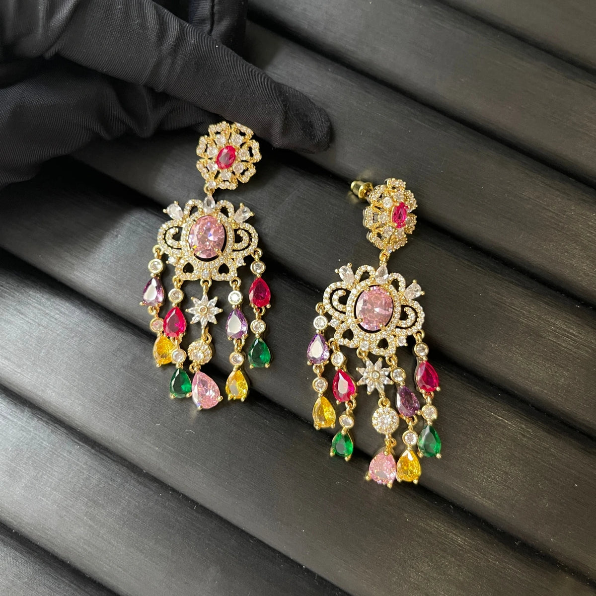 XOTICA TIANSHE Indian Luxury Colorful Zircon Jewelry Set Gold Plated Wide Bracelet Long Tassel Drop Earrings & Flower Ring