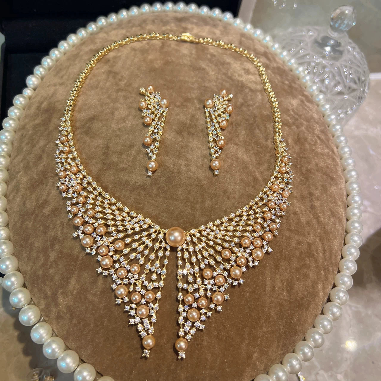 XM S424 Gold Plated Hollow Mesh Champagne Pearl & Full Paved CZ Bib Choker Necklace & Long Tassel Drop Earrings Set