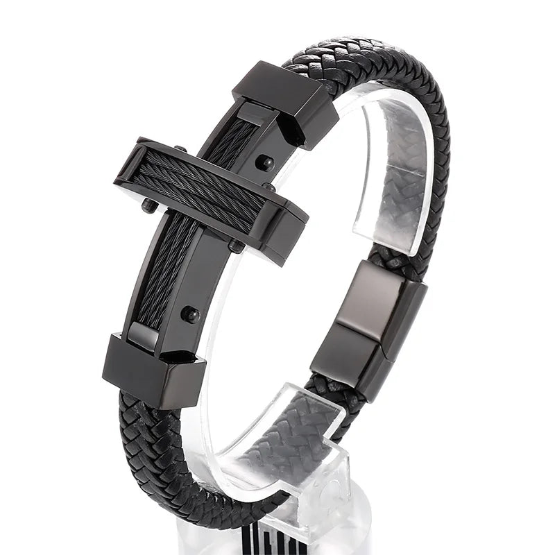 KALEN 215mm Trendy Silver/Gold/Black/Grey Cowhide Leather Bracelet With Stainless Steel Cross