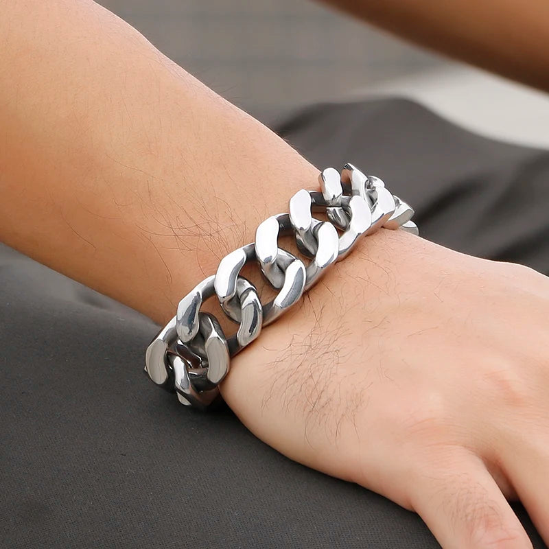 KALEN Stainless Steel Silver Chunky Cuban Chain Bracelet Vintage for Men