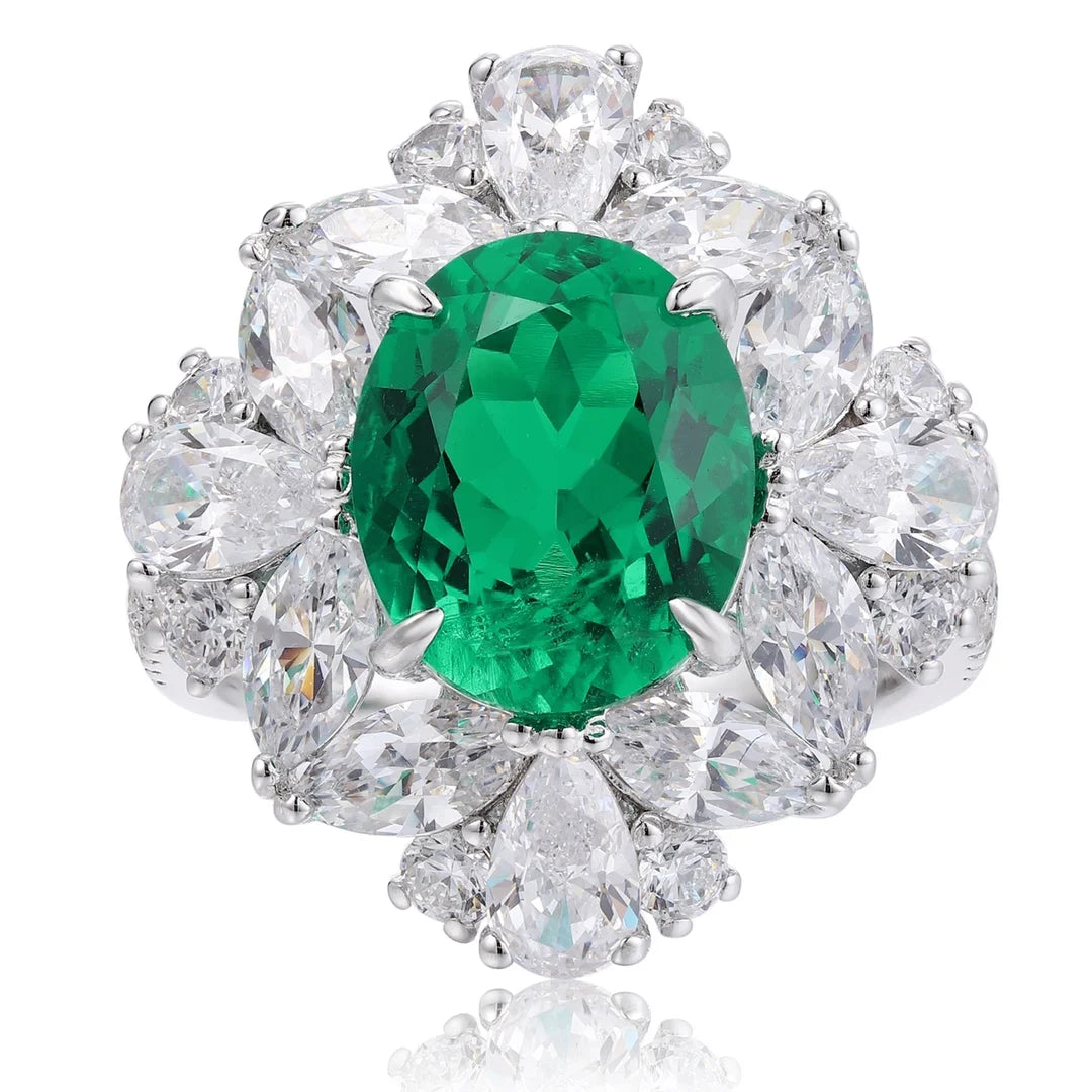Gemfiori S925 Silver Cultivated Emerald Ring Main Stone: 3.54CT Side Stones:5.81CT Weight: 7.42g