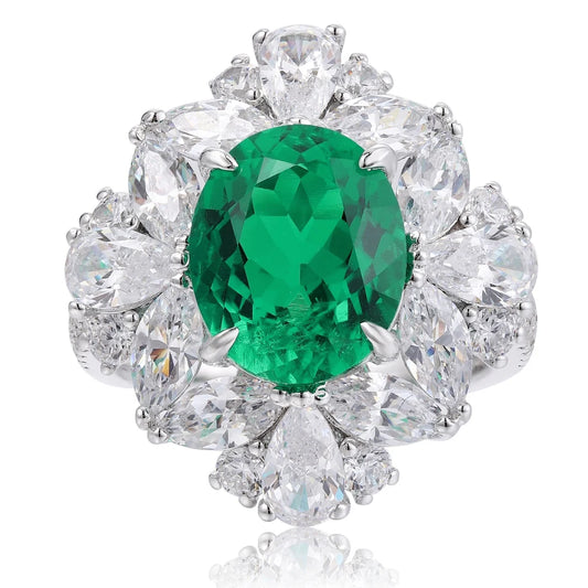 Gemfiori S925 Silver Cultivated Emerald Ring Main Stone: 3.54CT Side Stones:5.81CT Weight: 7.42g