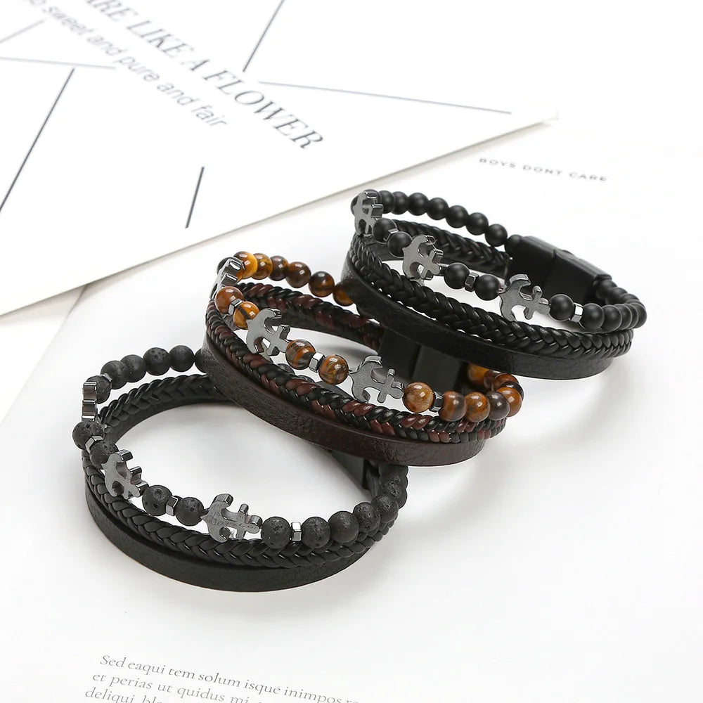 Fashion Jewelry Tiger Eye Beaded Bracelet Stainless Steel Magnet Leather Handmade Natural Gemstone Punk Bracelet for Men Jewelry