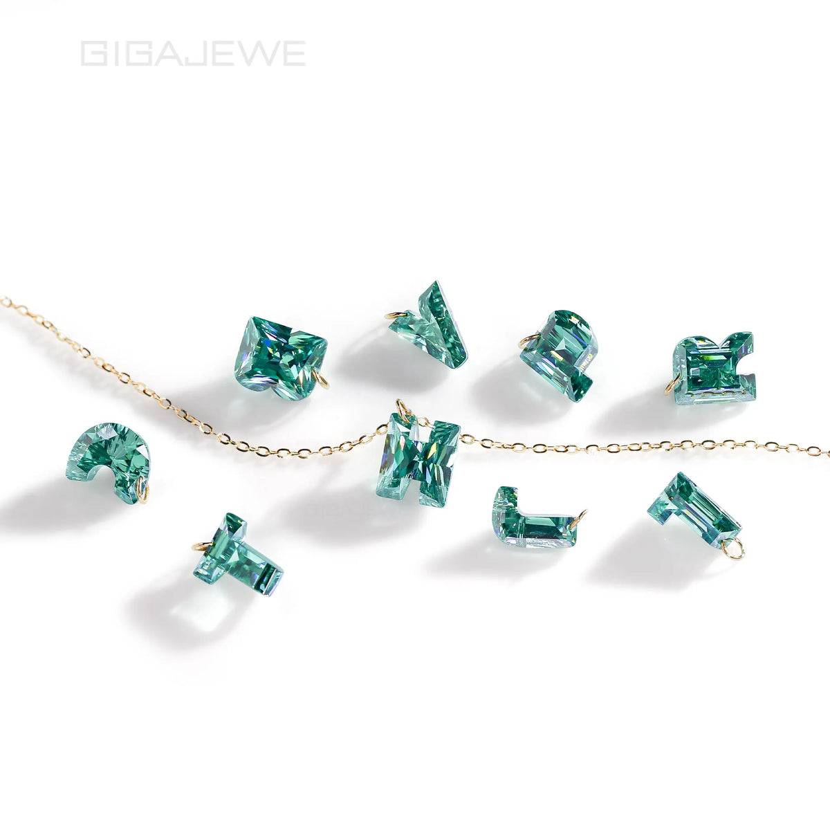 GIGAJEWE 14K Solid Gold Initial Alphabet Moissanite Necklace Custom 1ct Green Letter Pendant Charm A-Z Personalized Jewelry
