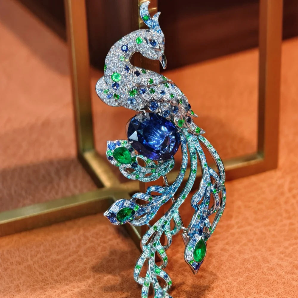 Auspicious Phoenix Multi-gemstone Women's 18K Solid Gold Sapphire Brilliant Cut 3-in-1 Brooch Pendant Bracelet Luxury Wedding
