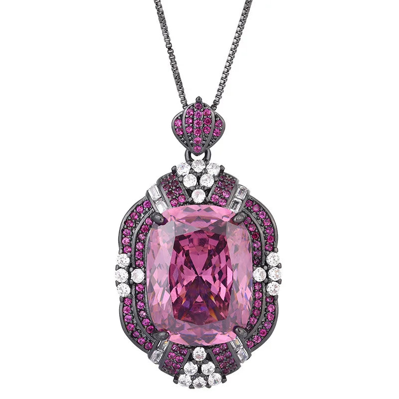 Gemfiori Luxury Vintage Black Rhodium Plated Pink Morganite Jewelry Set Cushion Cut Pink Gemstone Pendant Necklace Ring Stud Earring Gift