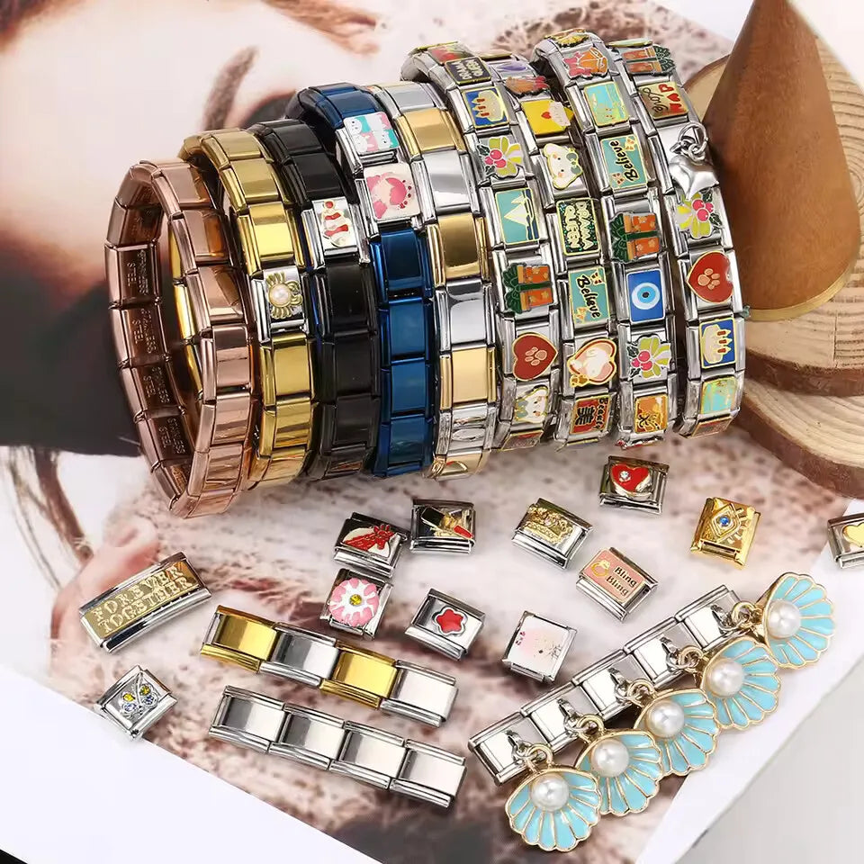 REBEL FASHIONISTA 9mm Wide Simple Style Fashion Stainless Steel Bangle Elastic Link Chain High Quality Factory DIY Jewelry Italian Charm Bracelet