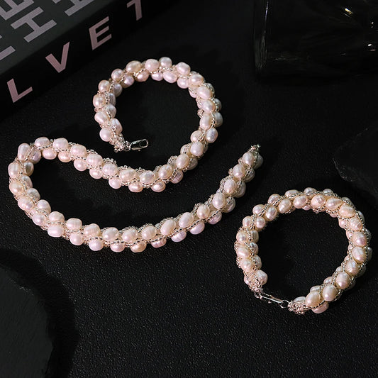 GLSEEVO Hand-Woven Natural Freshwater Pearl Necklace & Bracelet Set — Luxury Bridal Jewellery