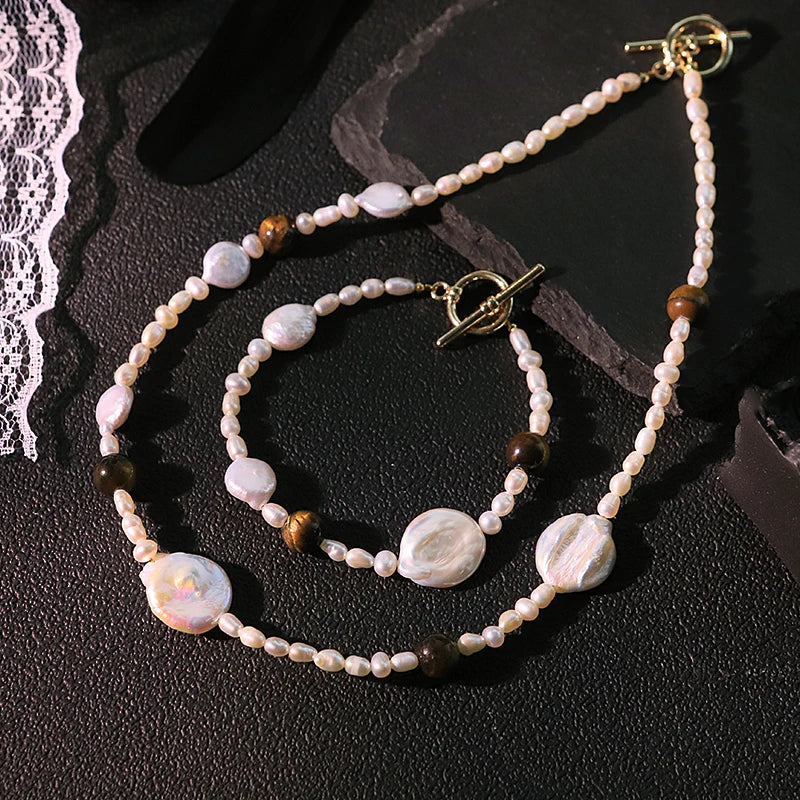 GLSEEVO Natural Freshwater Pearl & Tiger Eye Stone 2-Piece Jewellery Set — Coin Pearl, Seed Pearl & Toggle Clasp Necklace & Bracelet