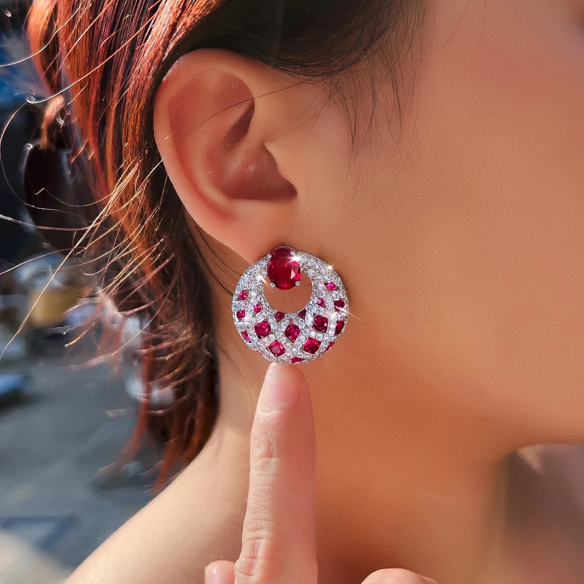 S&S Pink Red CZ Big Round Dangle Drop Earrings – Rhodium Silver Plated – Collection