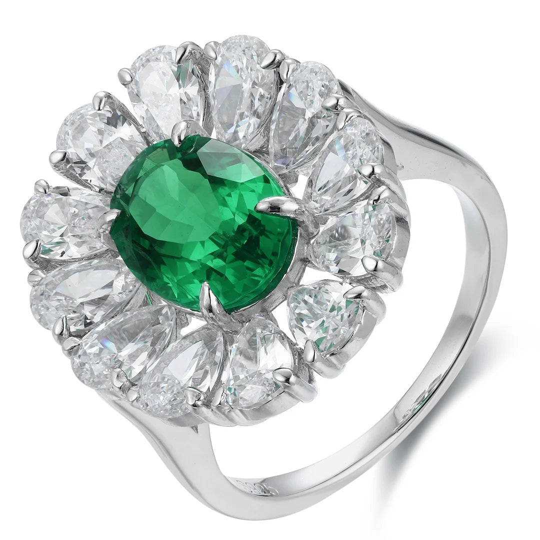 Gemfiori S925 Silver Cultivated Emerald Ring Main Stone: 2.17CT Side Stones:5.64CT Weight: 5.863g