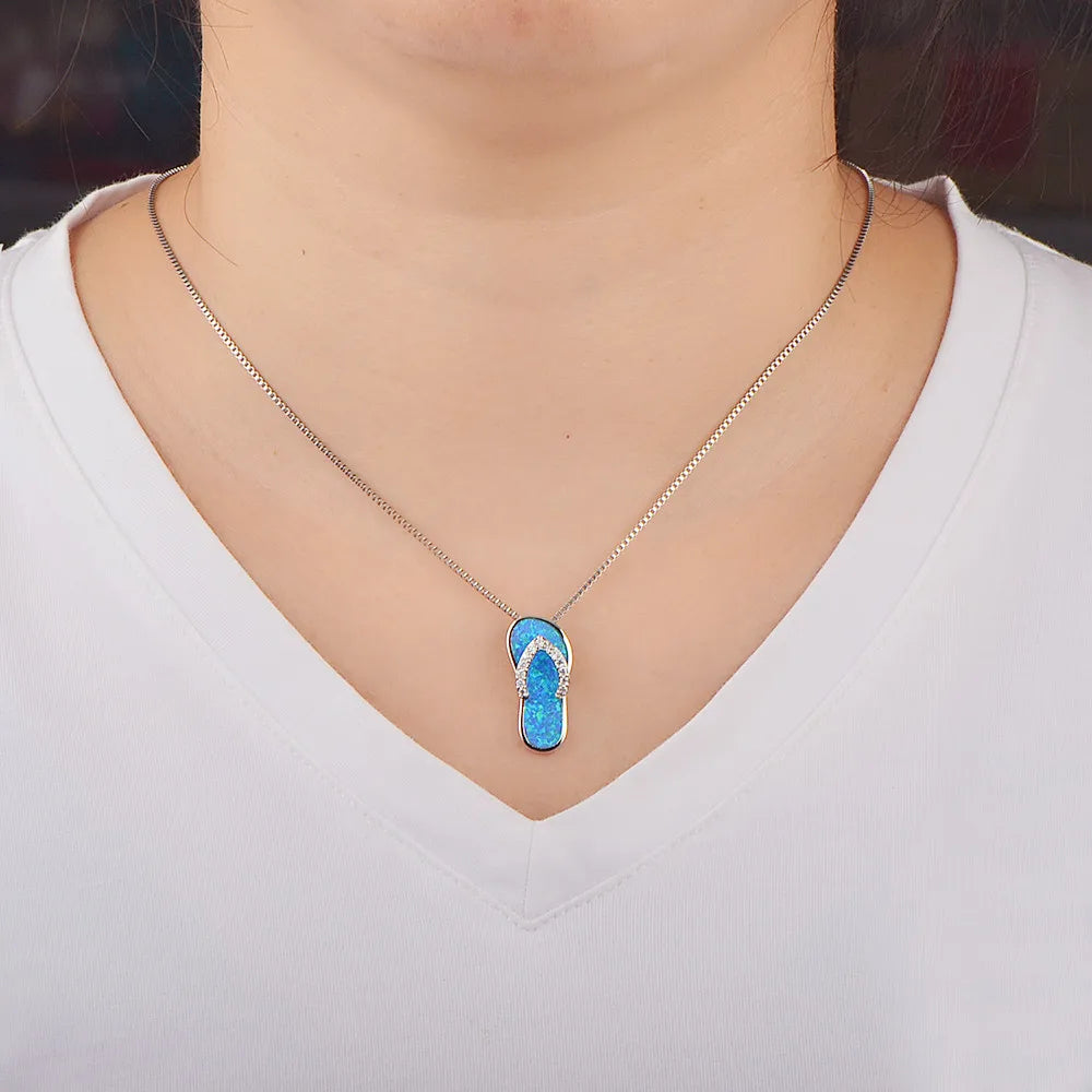 Premium Christian Copper Opal Embedded Trendy Flip Flop Pendant Sweater Link Chain Silver Plated Hawaiian Style Bulk Necklace