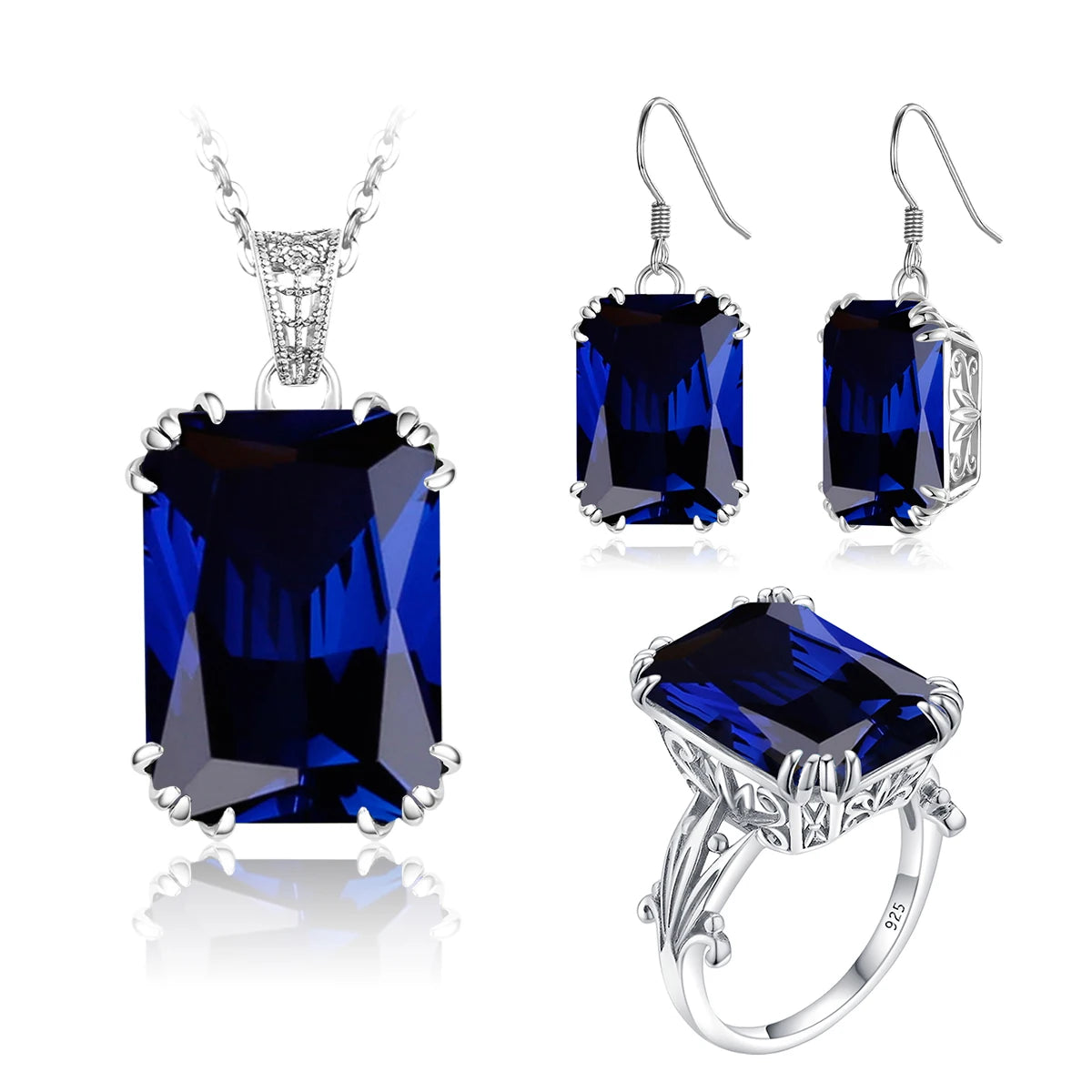 ArtistA Sapphire Blue Stone Zircon Crystal Sterling Silver Jewelry Sets for Women Retro Crown Ring Pendant Earring for Party Engagement