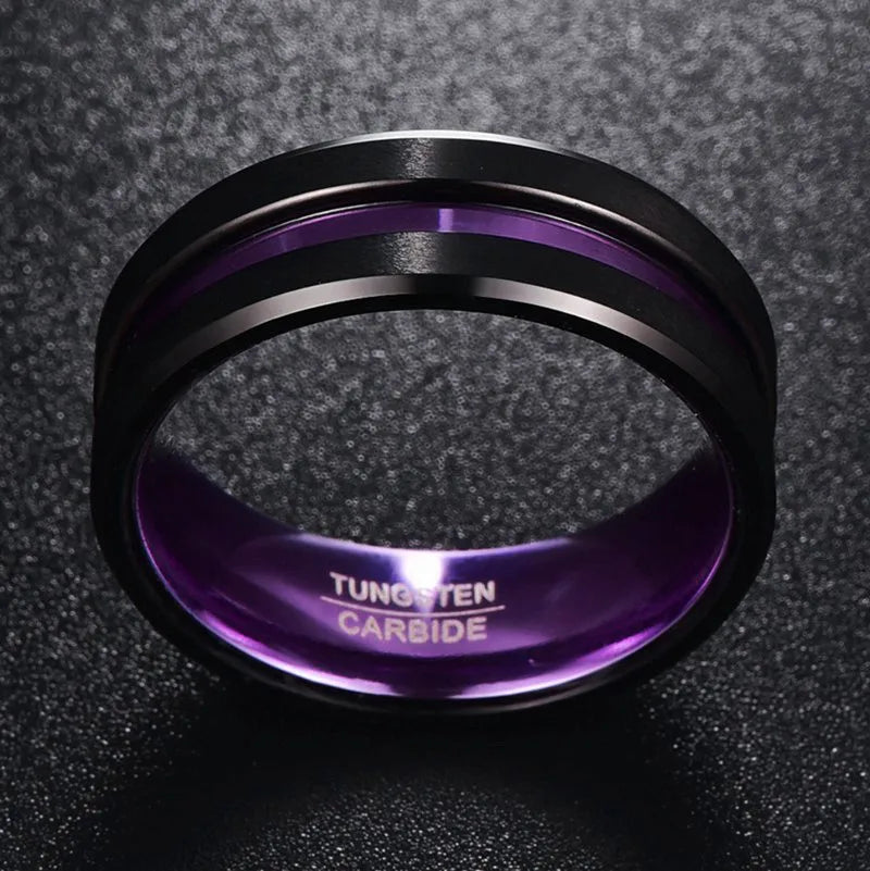 REBEL 1pcs 8mm Chamfer Black Plated Outer Ring Purple Alumina Inner Double-layer Men's Tungsten Ring Jewelry