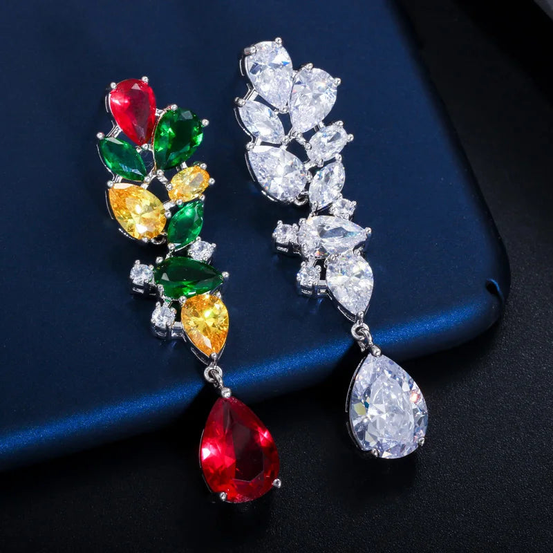 Designer Multicolor Green Red Yellow Cubic Zircon Leaf Flower Dangle Water Drop Long Earrings for Ladies Wedding Party Jewelry