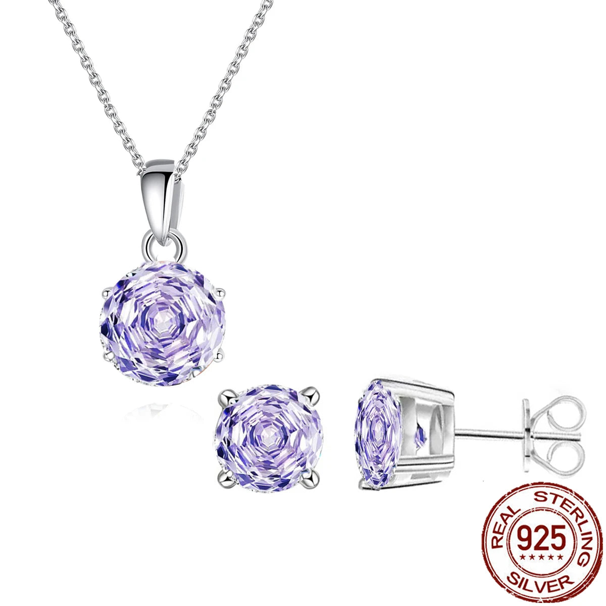 S&S 925 Sterling Silver Purple Rose-Cut CZ Jewellery Set – Necklace & Earrings – Collection