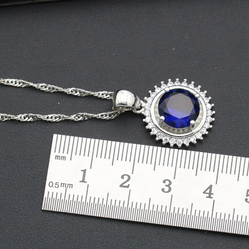 XOTICA Silver 925 Women's Wedding Jewelry Set with Circular Royal Blue Zircon Earrings Necklace Pendant Ring Bracelet Halloween Gift