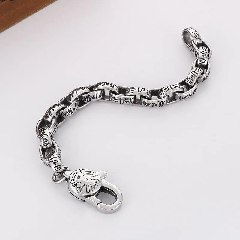 KALEN 230mm Men Punk Ancient Words Stainless Steel Oval Links Bracelet With Lobster Clasp