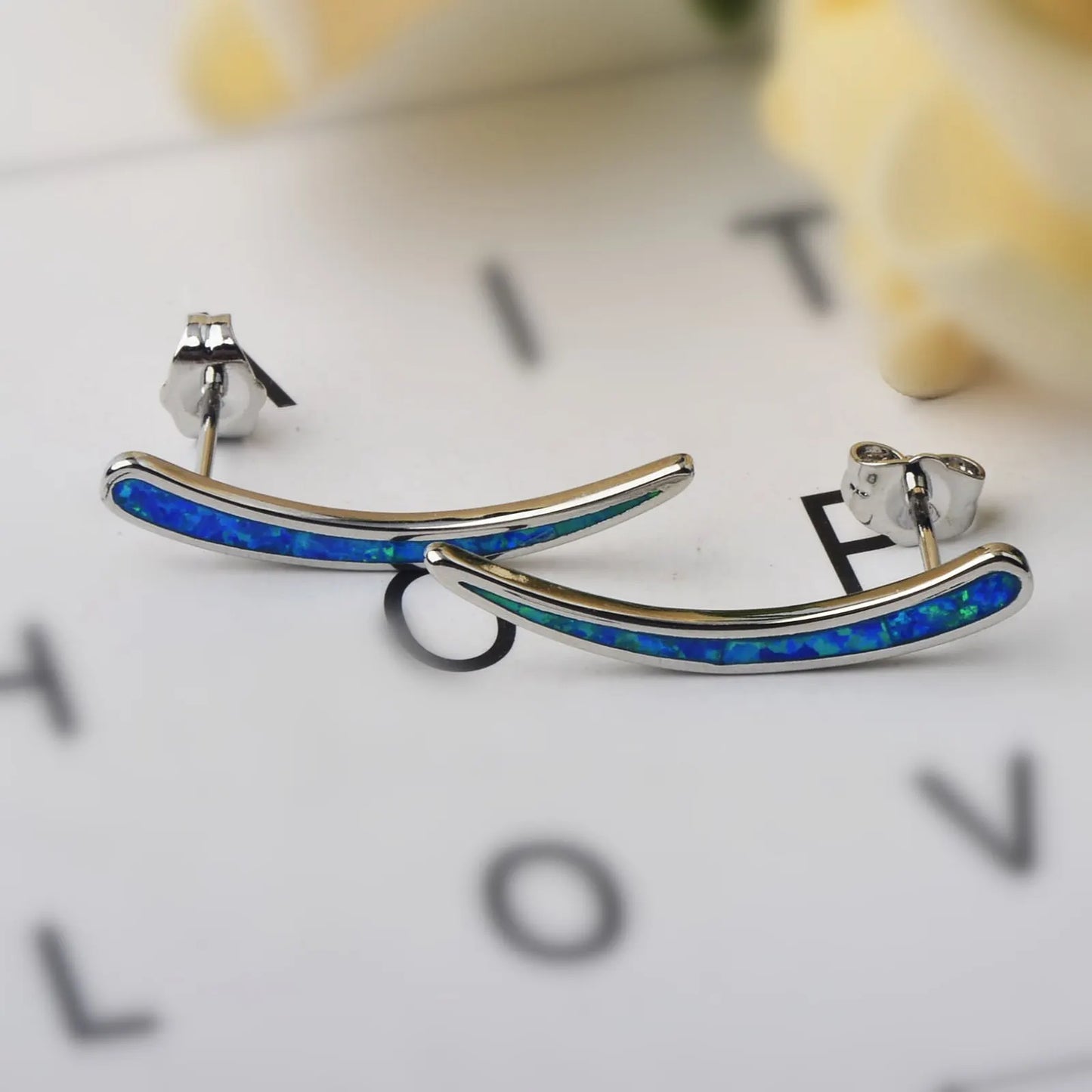 Sleek Crescent Opal  Earrings - Blue Fire Opal Inlaid Curved Frame Design | Minimalist Daily Jewelry Bulk Gifts