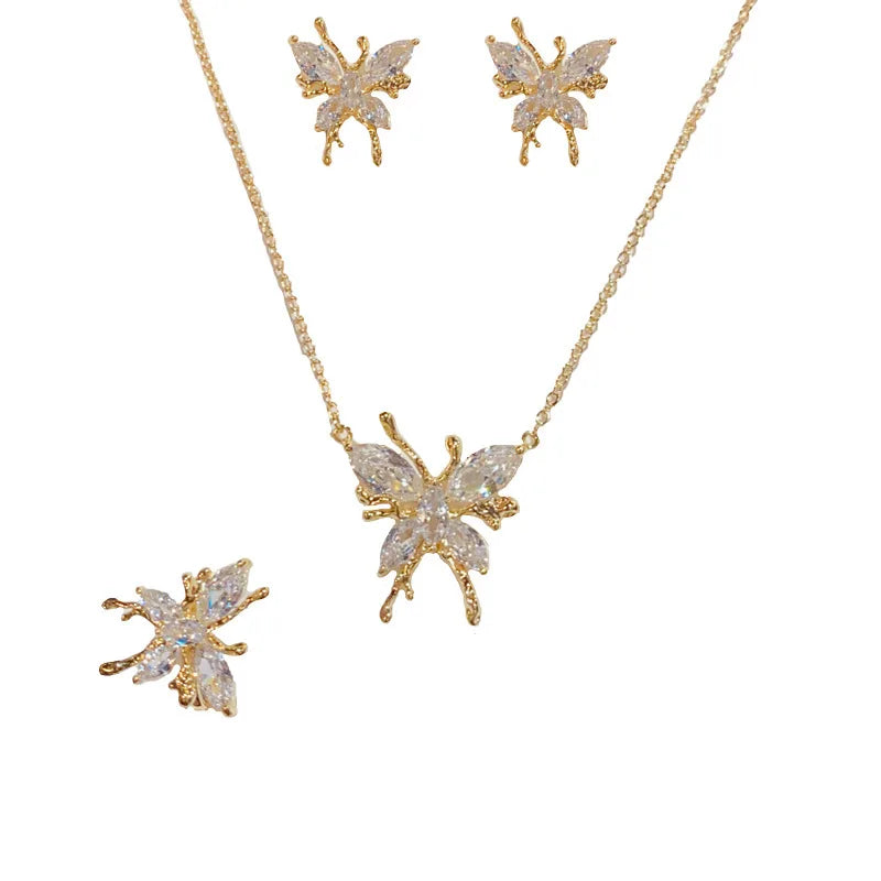 Hot Selling Fashion Exquisite Butterfly Necklace Earrings Ring Set with Zircon Women's  Classic Real Gold Plated Jewelry Set