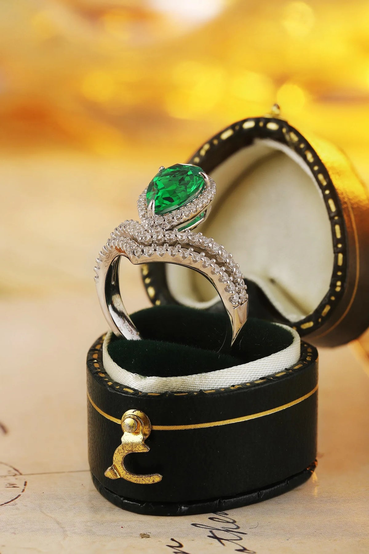 Gemfiori 925 Sterling Silver Pear Cut Lab Grown Emerald Ring Pear Shape Band Women Engagement Wedding Party Fine Jewelry Gift