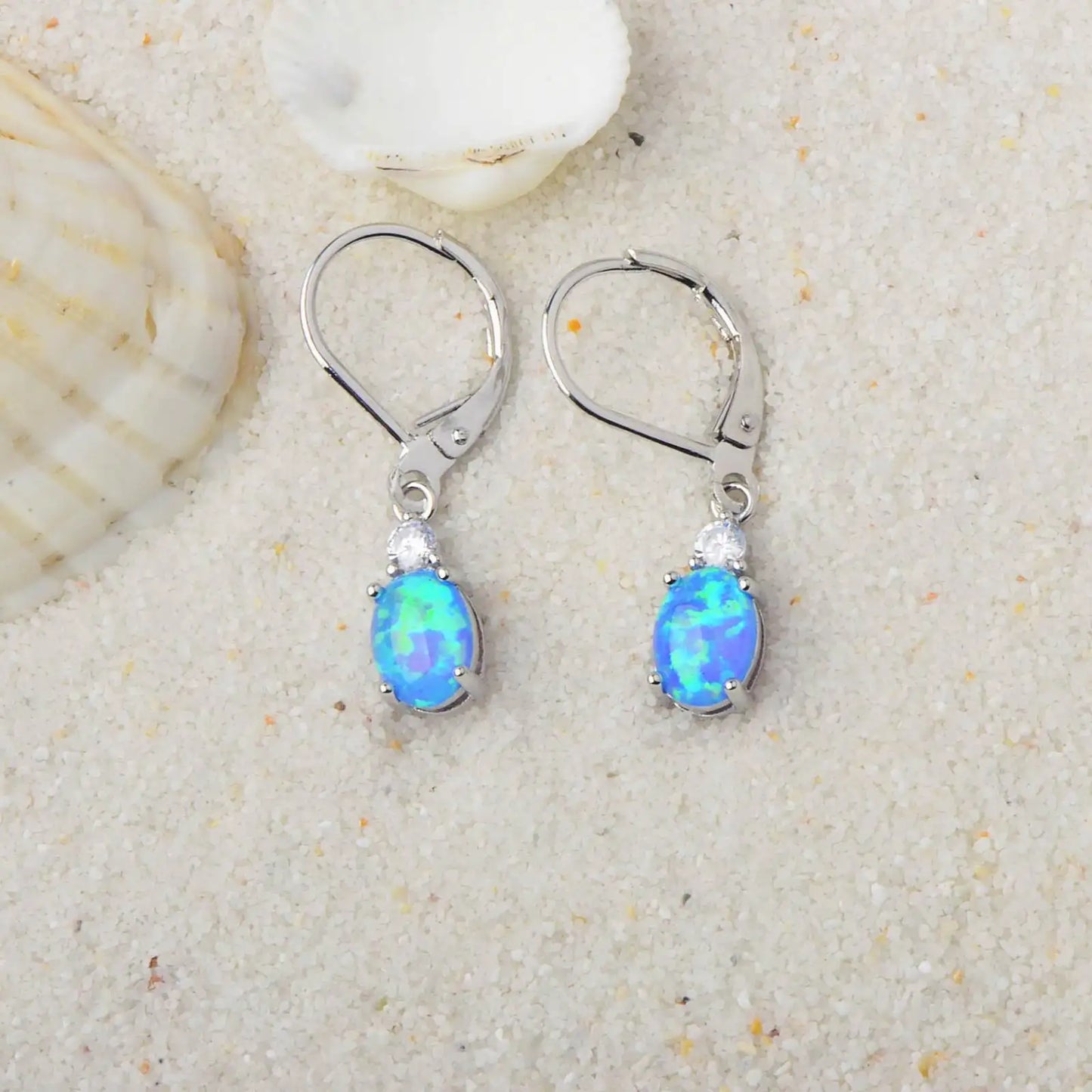 Statement Oval Opal Drop Earrings - Blue Fire Opal Solitaire & CZ Accent Design | Elegant Formal Jewelry Bulk Gifts