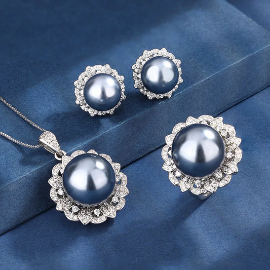 Fashion Eco-friendly Copper Gold Plated Earrings Set Round Cut 16-12mm Grey Shell Pearl Bridal Jewelry Set for Women