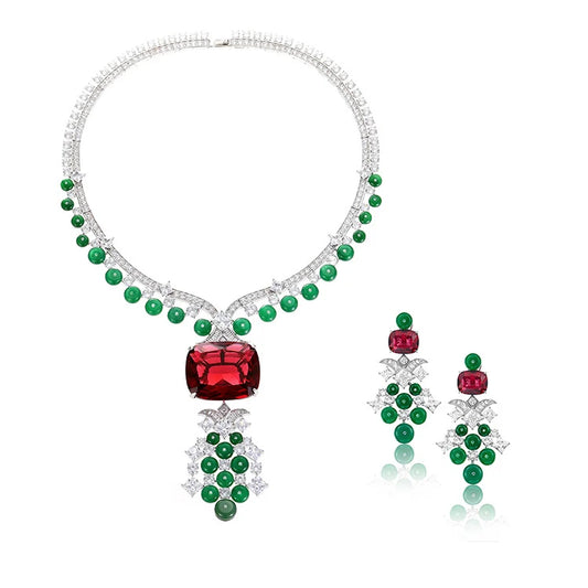 Luxury Red Ruby & Green Zirconia Tassel Pendant Long Necklace & Earrings Vintage Middle Eastern Bridal Set — Rhodium Plated