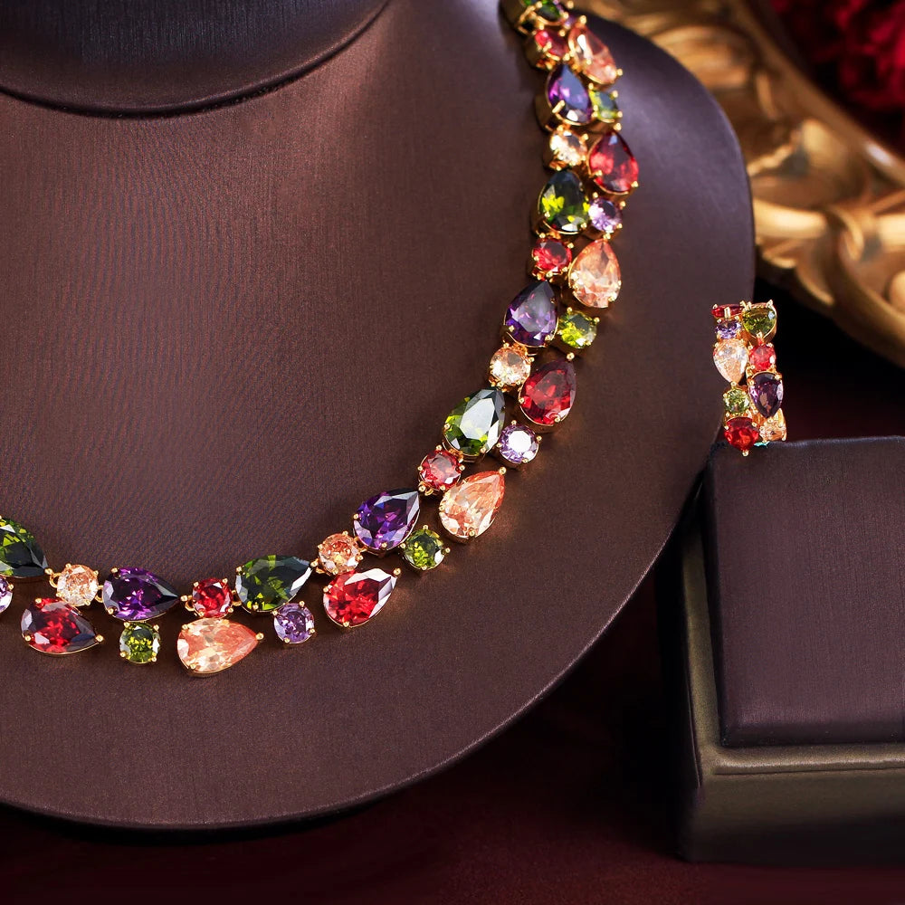 Super Gorgeous Gold Plated Cubic Zircon Necklace and Earrings Mona Lisa Colorful Wedding Jewelry Set for Women Party