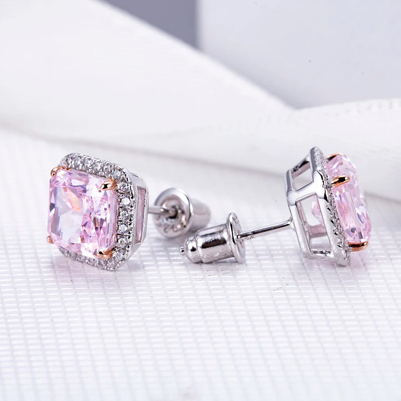 Messi Jewelry MSE-601  Silver 4CT Pink High Carbon Cubic Zircon Radiant Cut Fine Jewelry Earrings for Dating or Wedding
