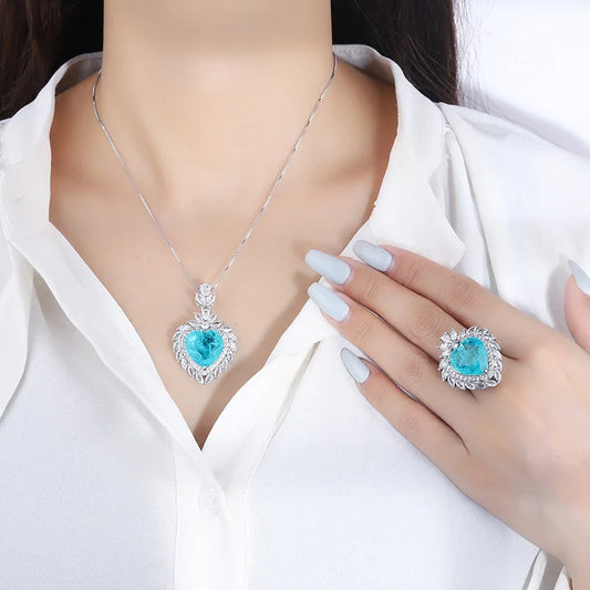 Gemfiori New Luxury Emerald Fusion Heart Gemstone Pendant Necklace Box Chain Emerald Green Gem Ring Ladies Women Wedding Jewelry Set Gift