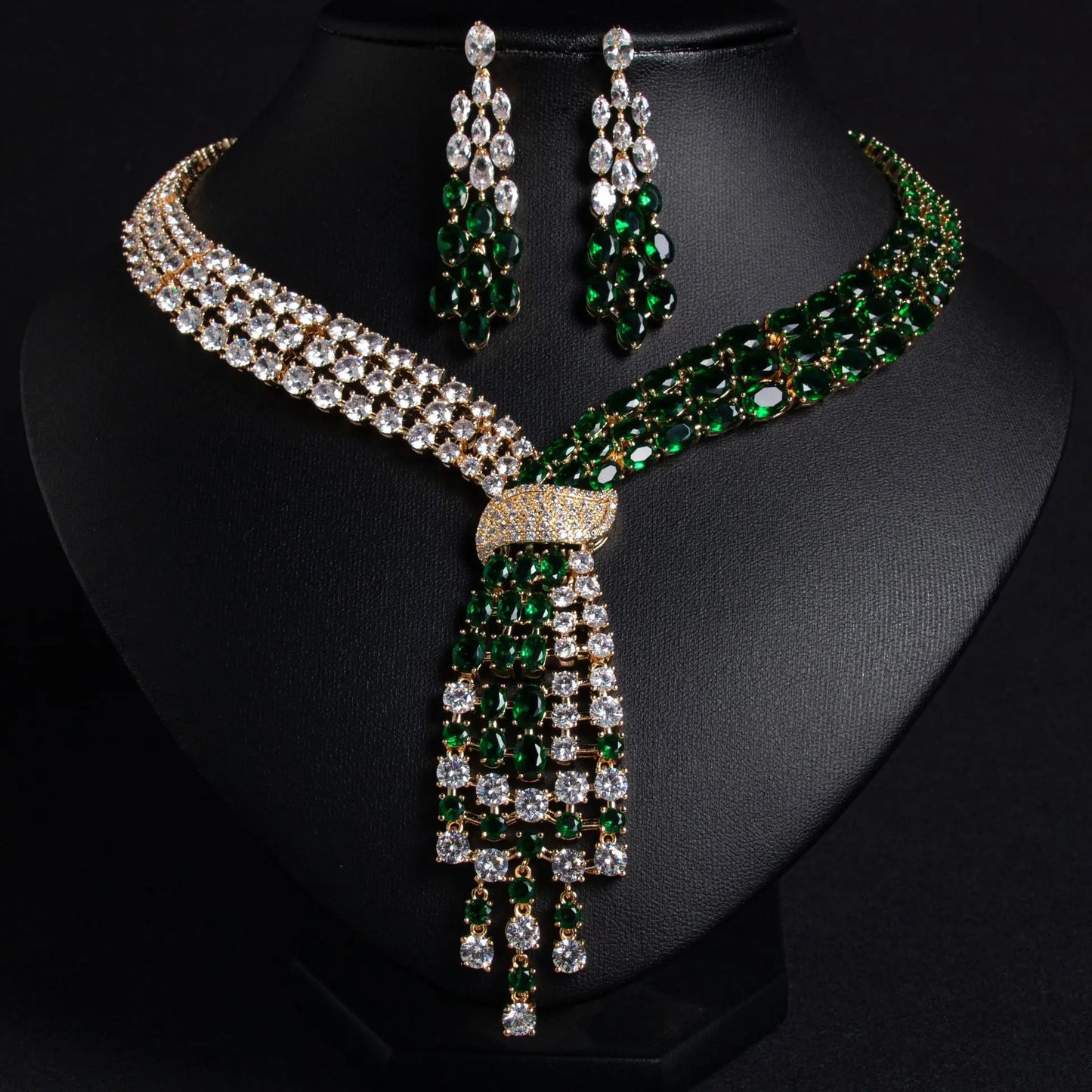 Luxury Oval-Cut Zirconia Dubai & Moroccan Tassel Statement Necklace & Earrings Bridal Set — Gold & Rhodium Plated