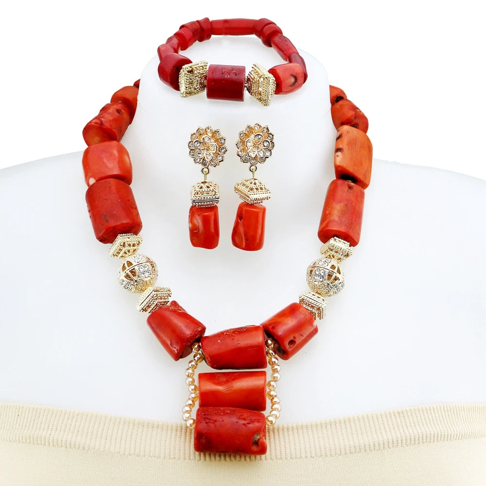 Zhuerrui African Traditional Wedding Jewelry Set Nigerian Bridal Coral Necklace & Earrings Set for Wedding Party YL131