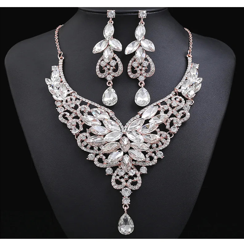Crystal Stacked Butterfly Necklace & Earrings Jewellery Set | 10 Colours Geometric Glam Fashion Set